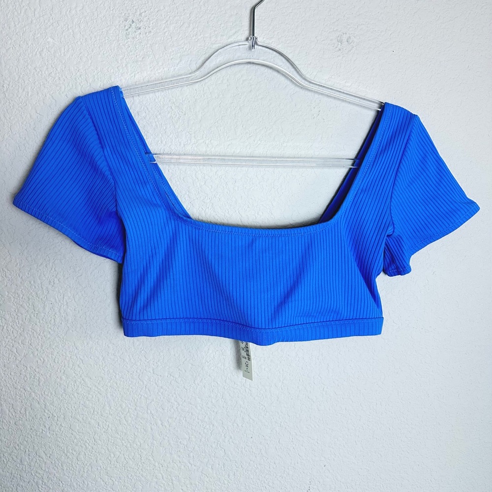 Madewell Second Wave Ribbed Square Neck Bikini Top Blue NJ865 Womens Small NEW
